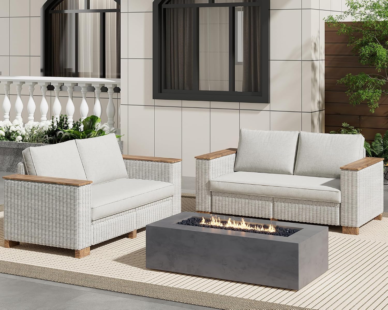 PaPaJet 4-Piece Wicker Patio Furniture Set with Solid Wood Armrest, Outdoor Patio Set with Thick Legs, UV-Resistant Modular Outdoor Sectional Sofa for Backyard, Porch, Garden