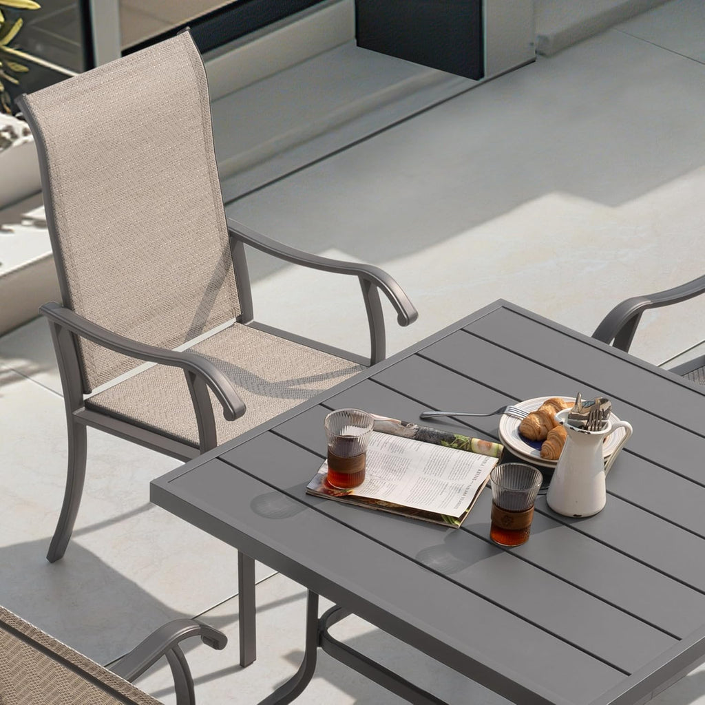 NUU GARDEN 5-Piece Outdoor Dining Set, 4 Textilene Patio Dining Chairs and 37'' Square Slatted Table with Umbrella Hole, Weather-Resistant Patio Furniture for Garden, Patio, Backyard, Beige