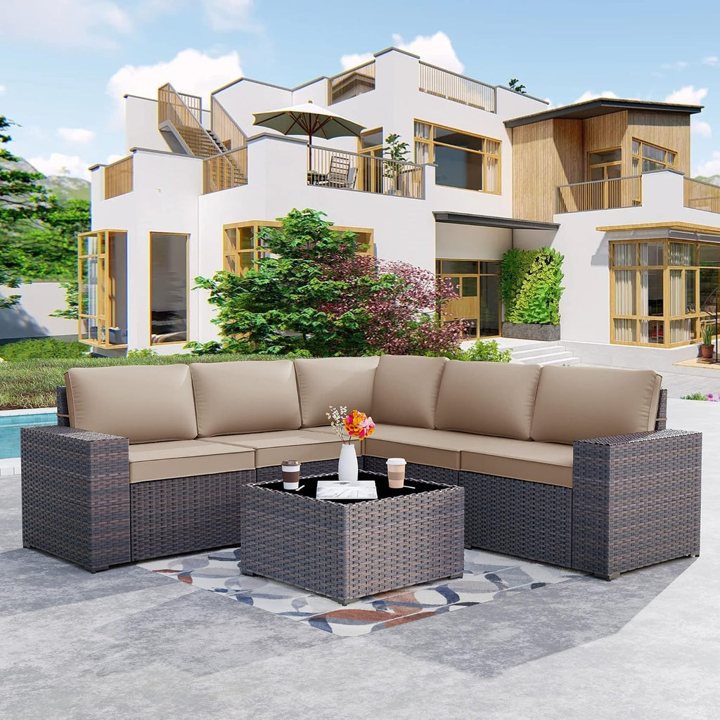 Kurapika 9 Pieces Patio Furniture Set, Rattan Wicker Sofa Set, Outdoor Conversation Sets w/Swivel Rocking Chairs Patio Sectional Sofa w/4 Inch Cushion, Sand