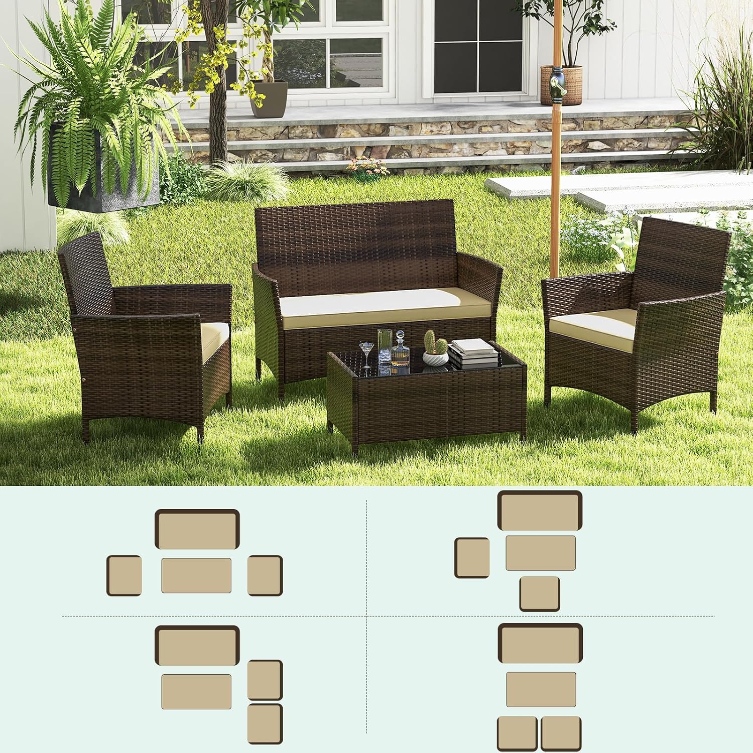 RELAX4LIFE 4-Piece Patio Furniture Set - Rattan Outdoor Conversation Bistro Set w/Cushions, Glass Coffee Table, Wicker Chairs & Loveseat for Garden Backyard Porch, Balcony Furniture Set (1, Beige)