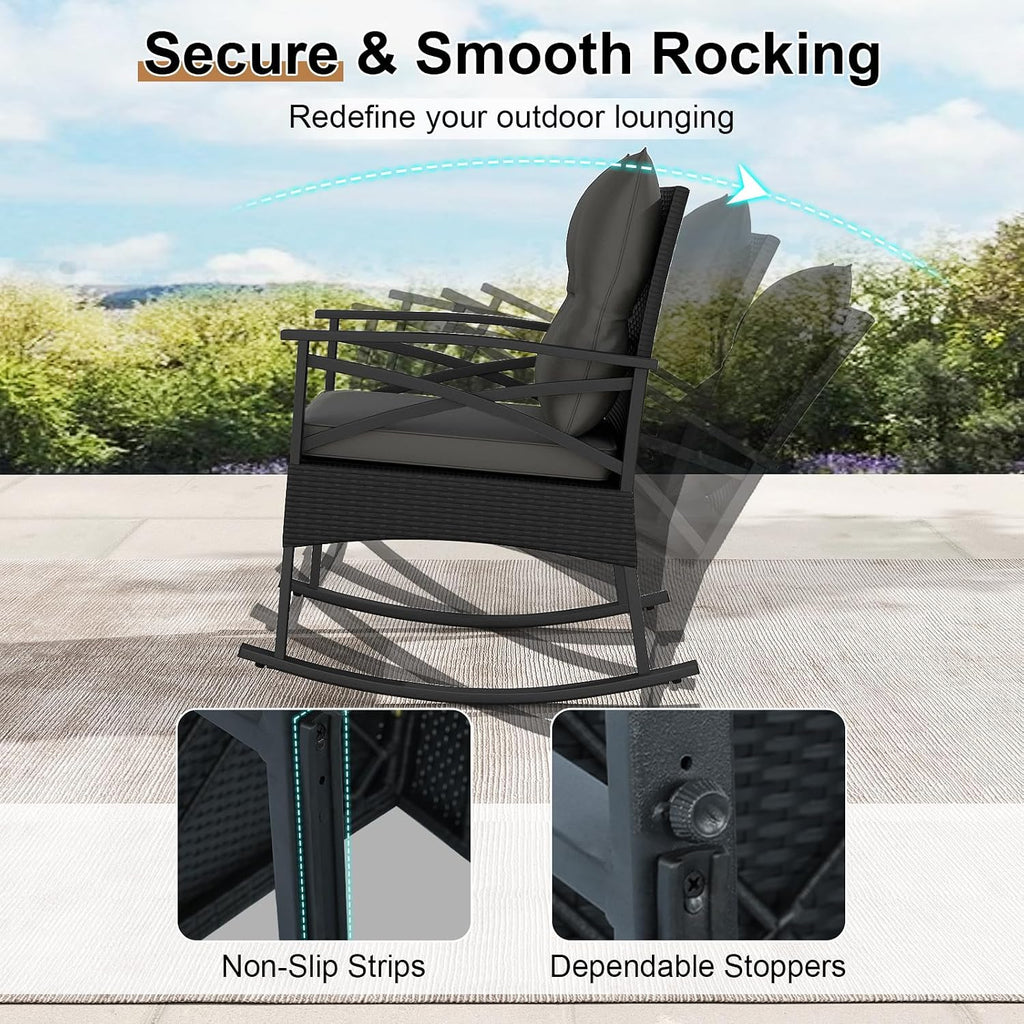 Tangkula 3 Pieces Outdoor Rocking Chairs Set, Rattan Heavy Duty Cushioned Rocker Chairs with 2-Tier Tempered Glass Coffee Table, for Garden, Balcony, Backyard (Black+Gray)