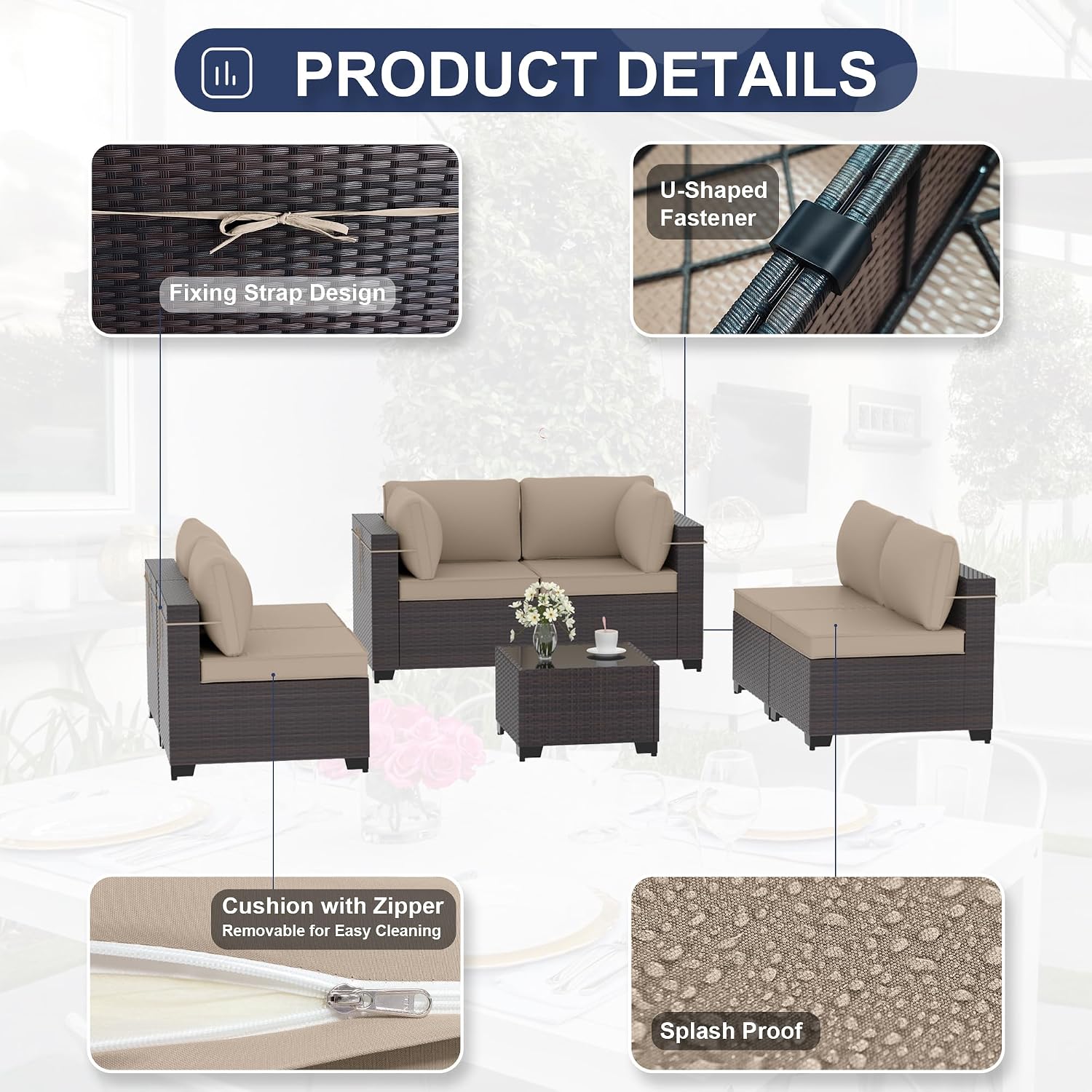 Kurapika 7 Pieces Patio Furniture Set, Rattan Wicker Outdoor Conversation Sets w/4 Inch Cushion and Glass Coffee Table(Sand)