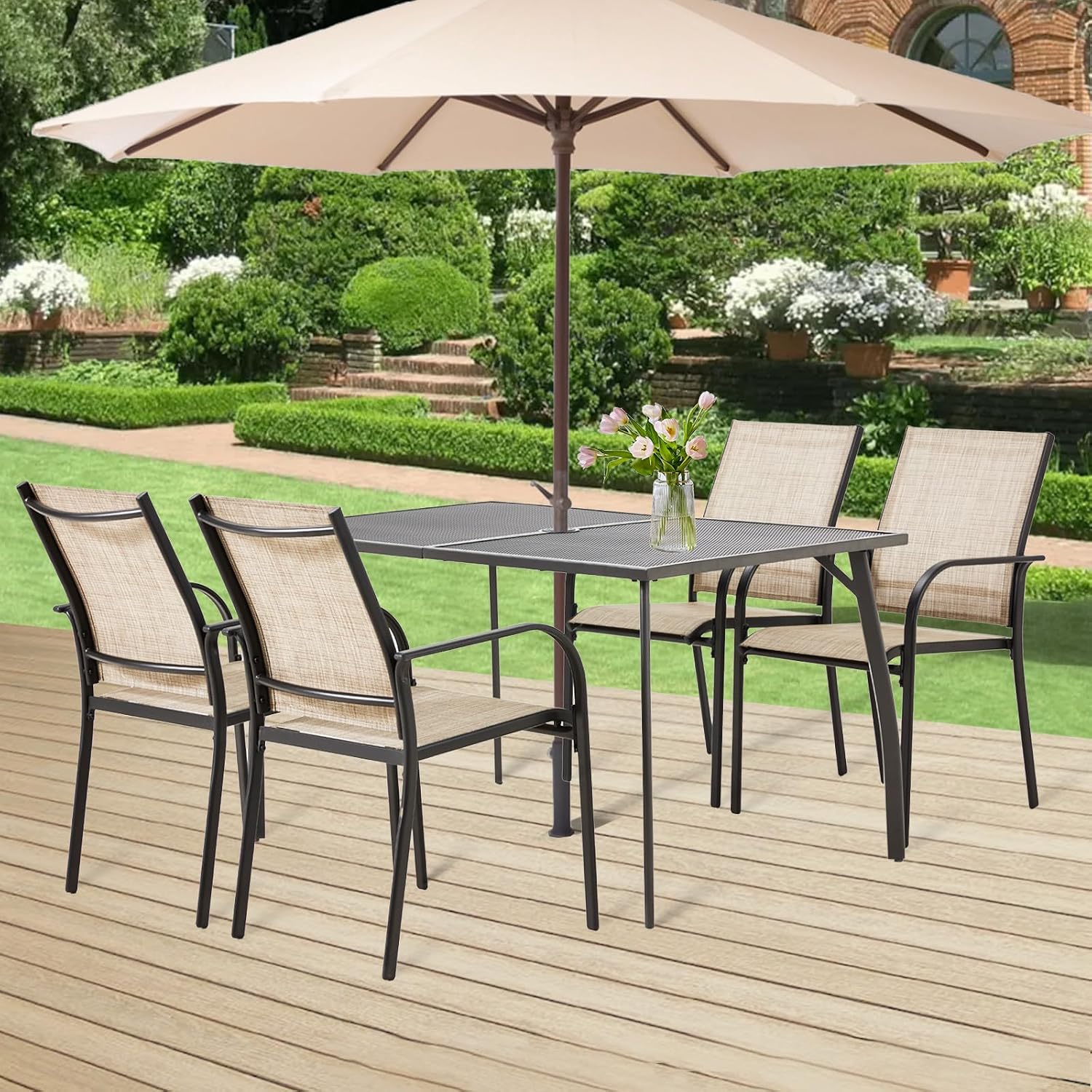 AECOJOY 5 Piece Patio Table and Chair Set for 4, Outdoor Dining Set Includes 51.2' Rectangle Table with 1.73' Umbrella Hole, 4 Stackable Textilene Chairs, for Garden, Backyard and Poolside, Dark Gray