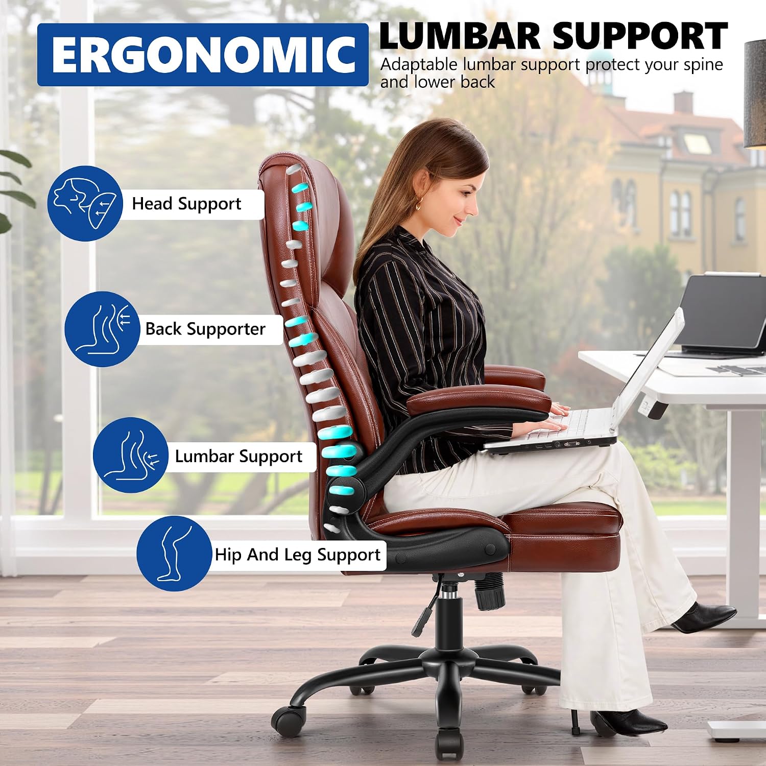PU Leather Executive Office Chair, Ergonomic High-Back Computer & Gaming Chair with Adjustable Height, Rolling Swivel & Flip-Up Armrests, Comfy Padded Seat for Home Office-Brown