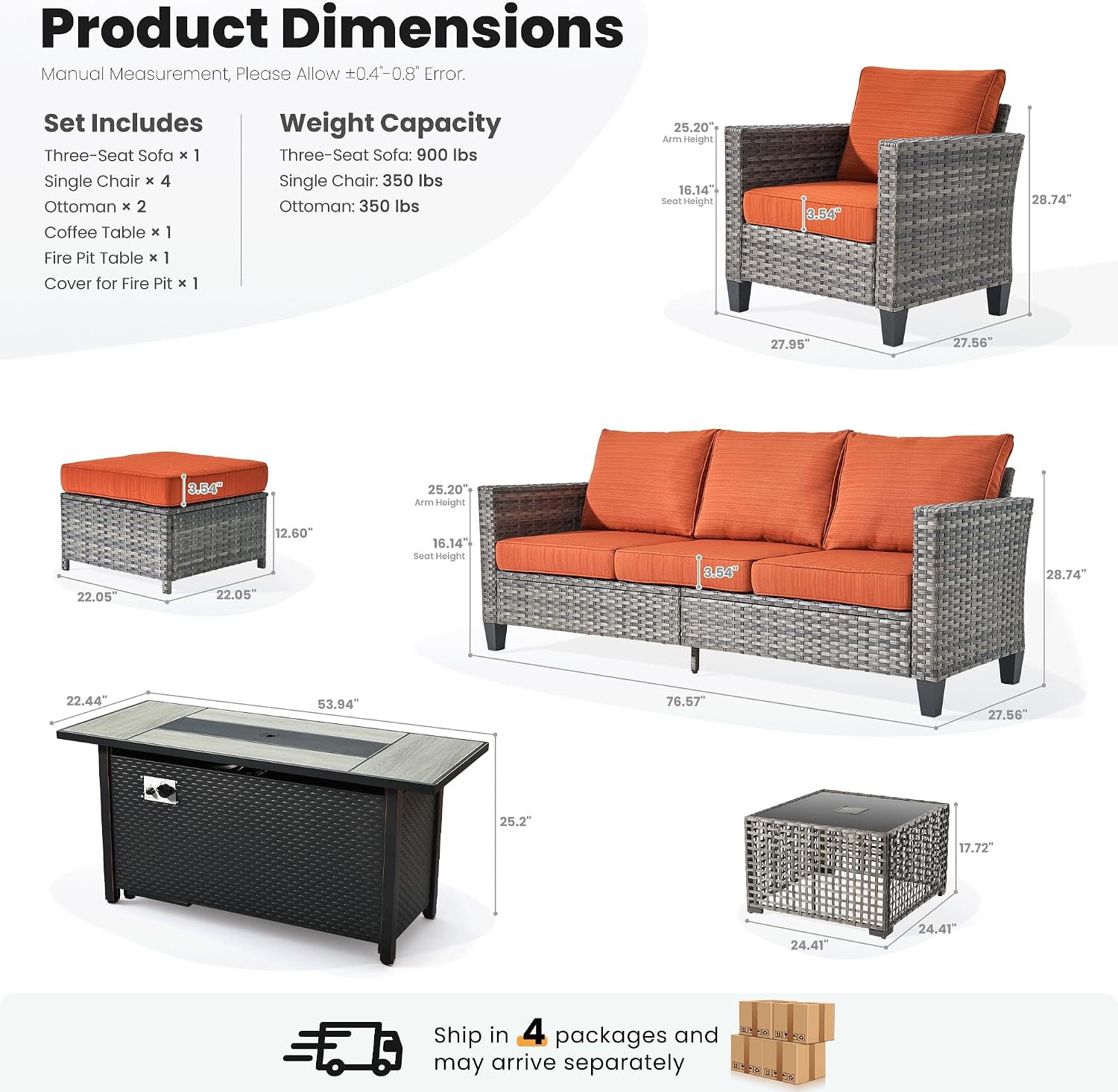 ovios 9 Pieces Patio Furniture Set with 54' Fire Pit Table, Outdoor Sofa Couch with Solar Lights Table Comfy Cushions, Modern Deep Seat Wicker Rattan Conversation Set, Orange Red