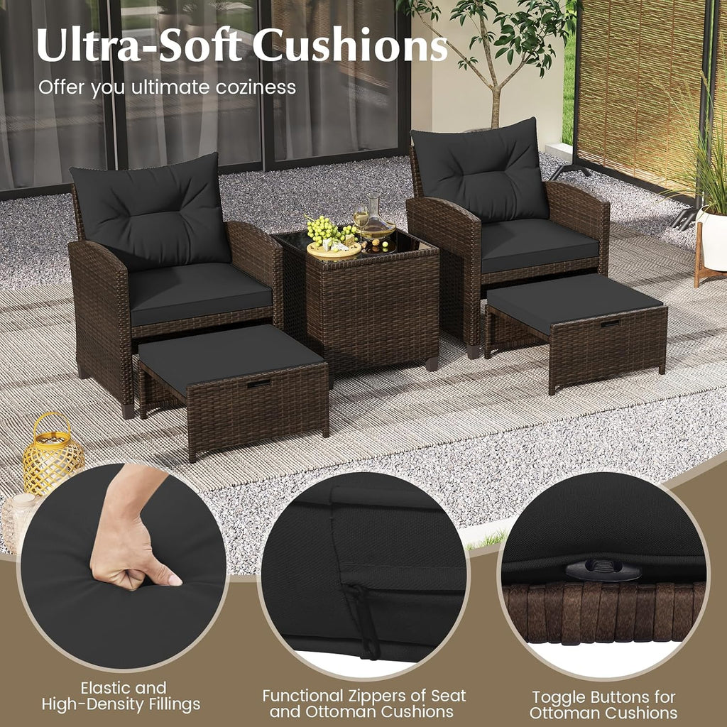 KOTEK 5 Pieces Patio Furniture Set with Ottomans, Wicker Patio Conversation Set with Coffee Table & Cushions, PE Rattan Outdoor Lounge Chairs for Backyard, Porch, Poolside (Mix Brown- Black)