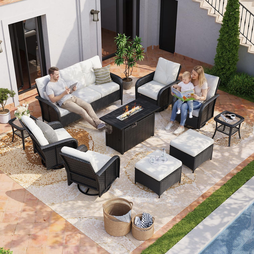Aoxun 12-Piece Patio Furniture Set with 44'' Fire Pit Table, Luxury Outdoor Patio Furniture Set with 360° Swivel Chairs, Patio Conversation Set for Backyard, Poolside & Garden, Black/Beige
