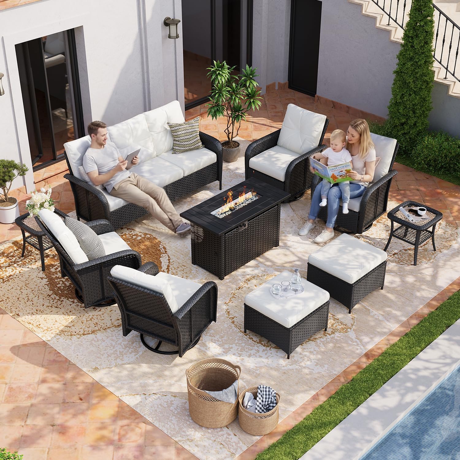 Aoxun 12-Piece Patio Furniture Set with 44'' Fire Pit Table, Luxury Outdoor Patio Furniture Set with 360° Swivel Chairs, Patio Conversation Set for Backyard, Poolside & Garden, Black/Beige