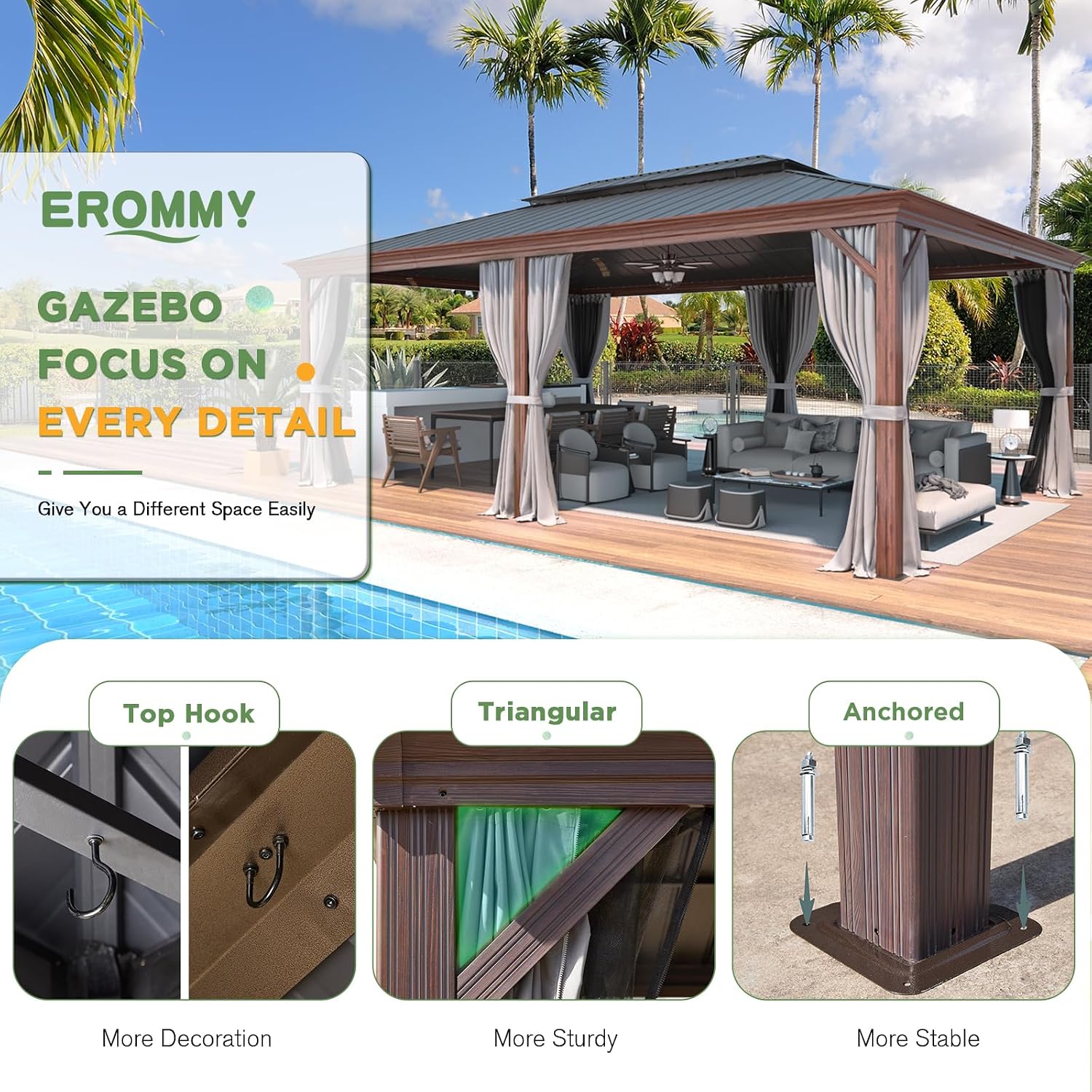 EROMMY 14'x20' Hardtop Gazebo, Wooden Finish Coated Aluminum Frame Outdoor Gazebo with Double Galvanized Steel Roof, Permanent Metal Pavilion with Curtains and Nettings for Patio, Garden, Backyard