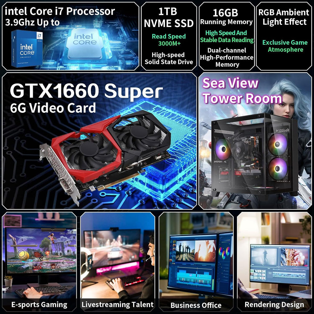 Gaming PC Desktop Computer,Intel Core i7 Desktop,Operating at A Frequency of 3.4GHz,GTX1660Super Graphics Card with 6GB GDDR6 Video Memory,16GB RAM, 512GB SSD,WiFi 5.0,RGB Fan x4