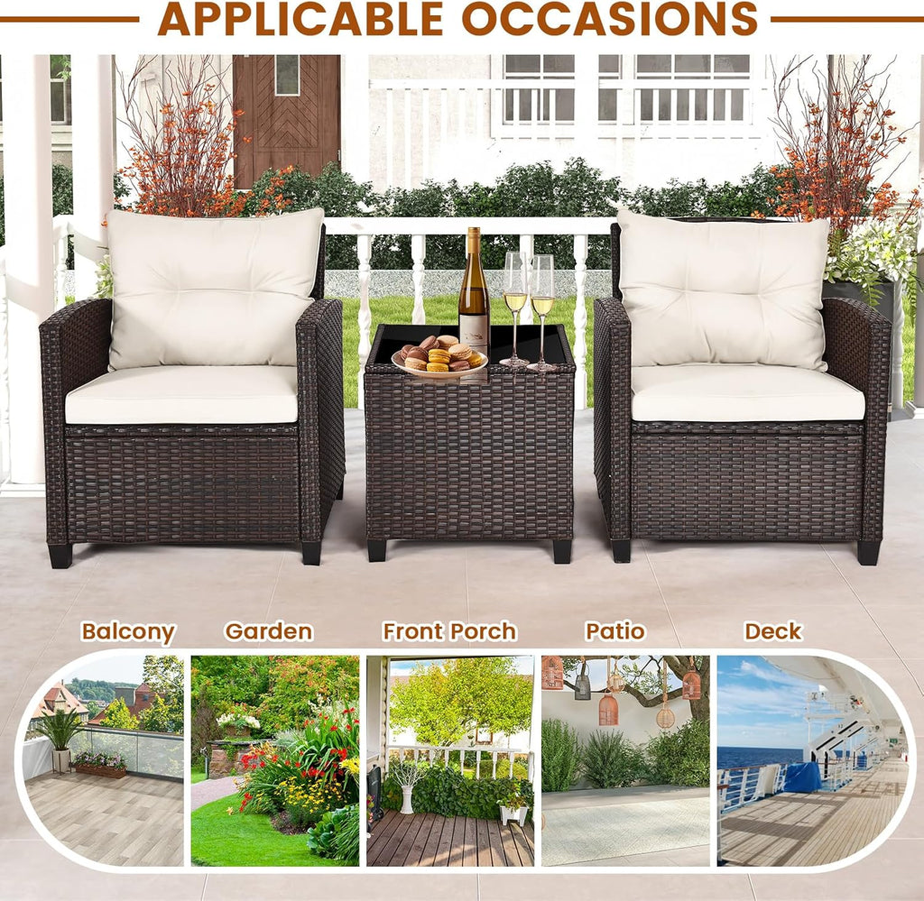 ORALNER 3 Pieces Patio Furniture Set, Outdoor Wicker Conversation Set Rattan Chairs with Cushions, Glass Coffee Table, Bistro Set for Front Porch Balcony Garden Deck Poolside (White)