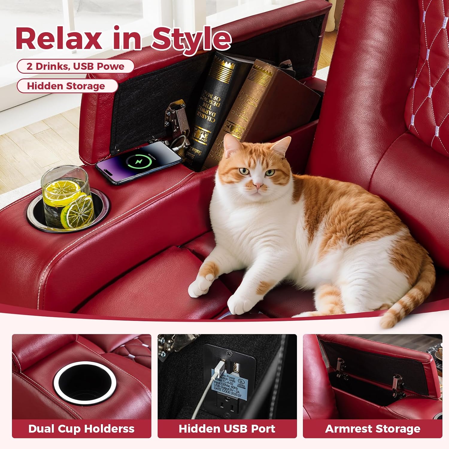 ANJ Power Recliner Chair Set of 4, Electric Soft Faux Leather Reclining Home Theater Seating - USB Ports, Cup Holders, Hidden Arm Storage Movie & Media Room Chairs (Red)
