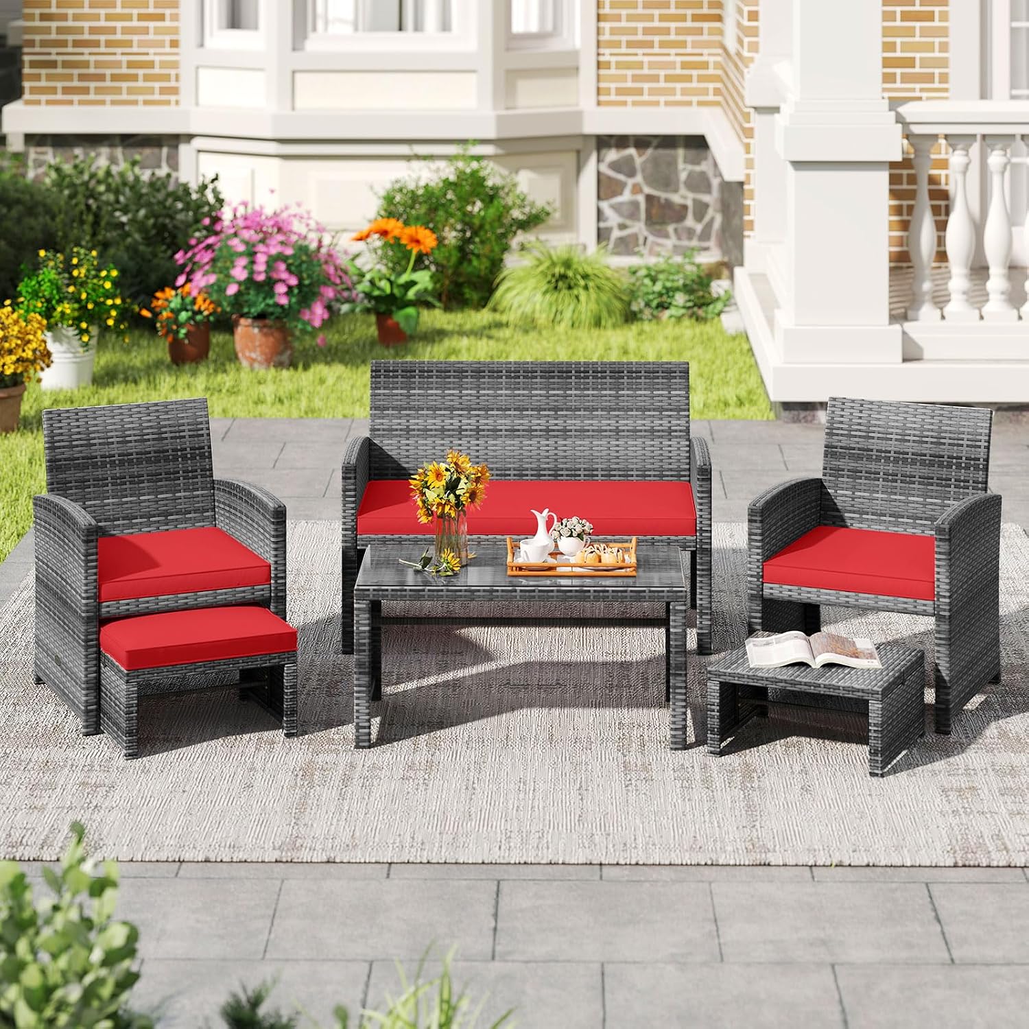Tangkula 6 Pieces Patio Furniture Set, Outdoor Rattan Conversation Chairs Set with 1 Loveseat, 1 Coffee Table, 2 Armchairs and 2 Ottomans for Garden, Deck, Backyard and Poolside (Red)