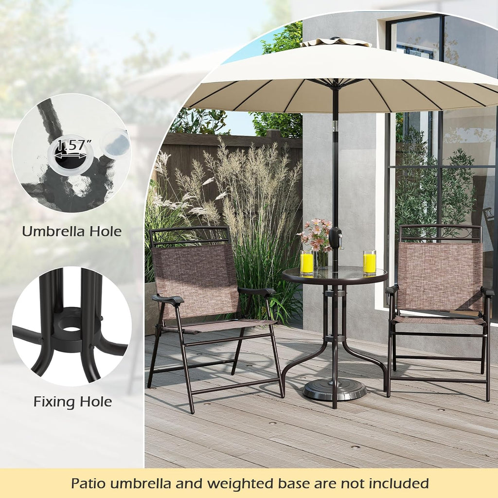 Goplus Bistro Table and Chairs Set of 2, Outdoor 3 Piece Patio Bistro Set with 1.57' Umbrella Hole, Tempered Glass Tabletop, 2 Folding Chairs, Small Patio Furniture Dining Set for Garden, Balcony