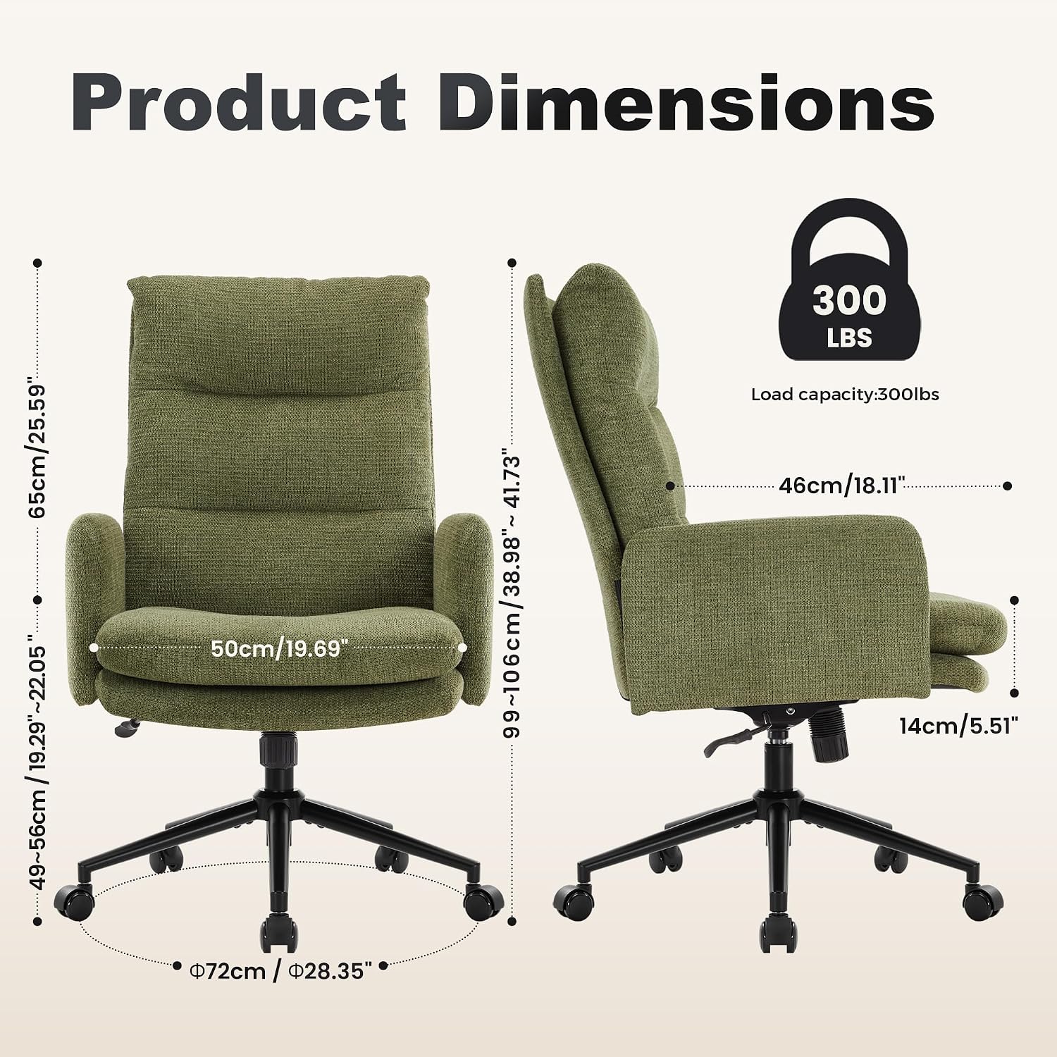 IWMH High-Back Home Office Chair,Upholstered Desk Chair with Armrests,Height Adjustable Armchair with Wheels, Swivel Office Desk Chair, Ergonomic Computer Task Chair, Leisure Armchair Cashmere (Green)