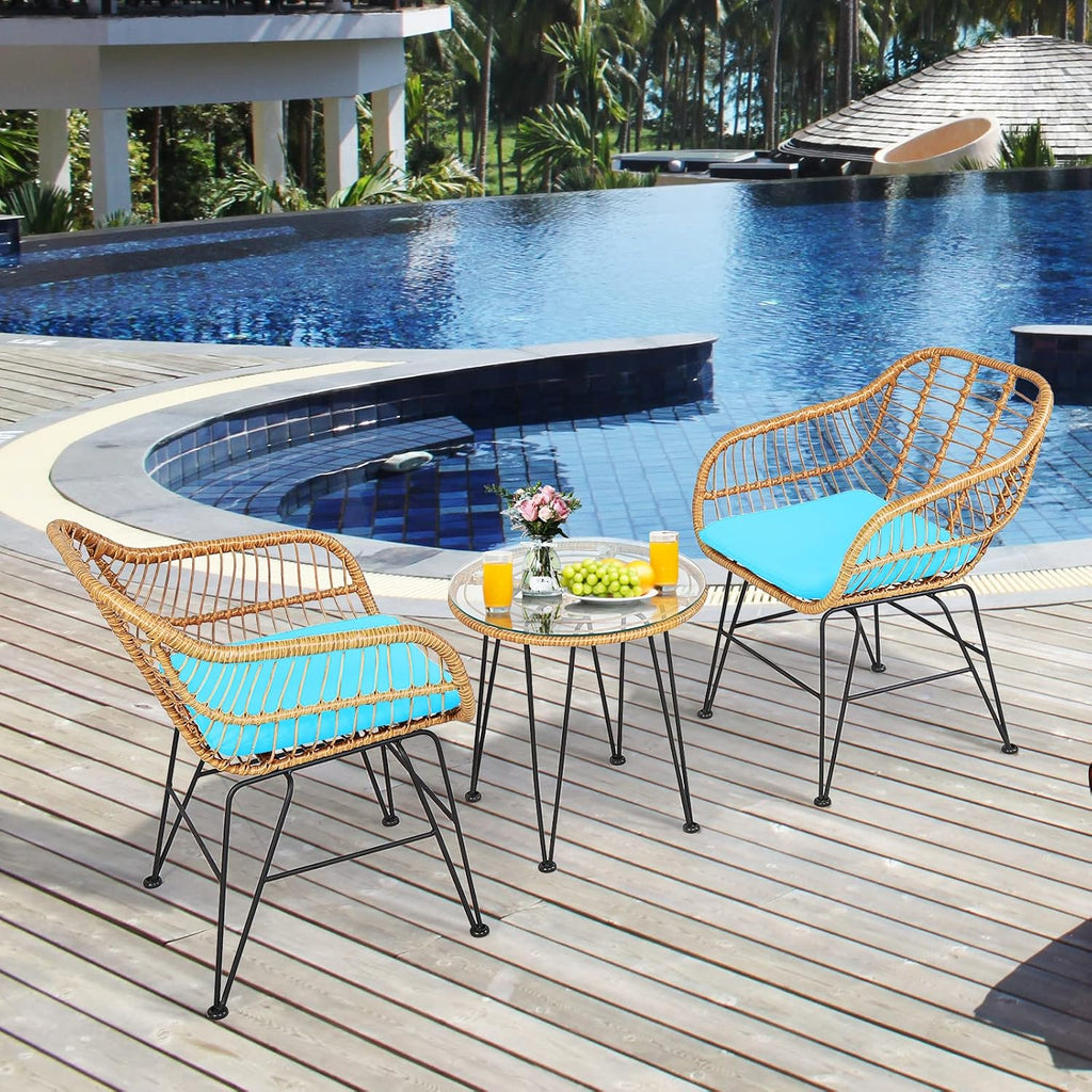 Tangkula 3 Pieces Patio Bistro Set, Rattan Conversation Set with 2 Cushioned Armchairs & Round Glass Coffee Table, Indoor Outdoor Wicker Furniture Set for Balcony, Backyard, Garden, Poolside