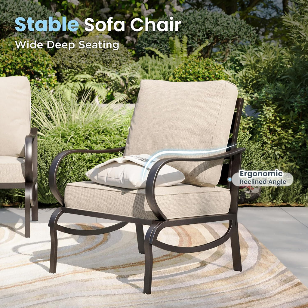 PHI VILLA Patio Conversation Set with Fire Pit, 7 Seat with 45' Firepit Table, Swivel & Fixed, Beige