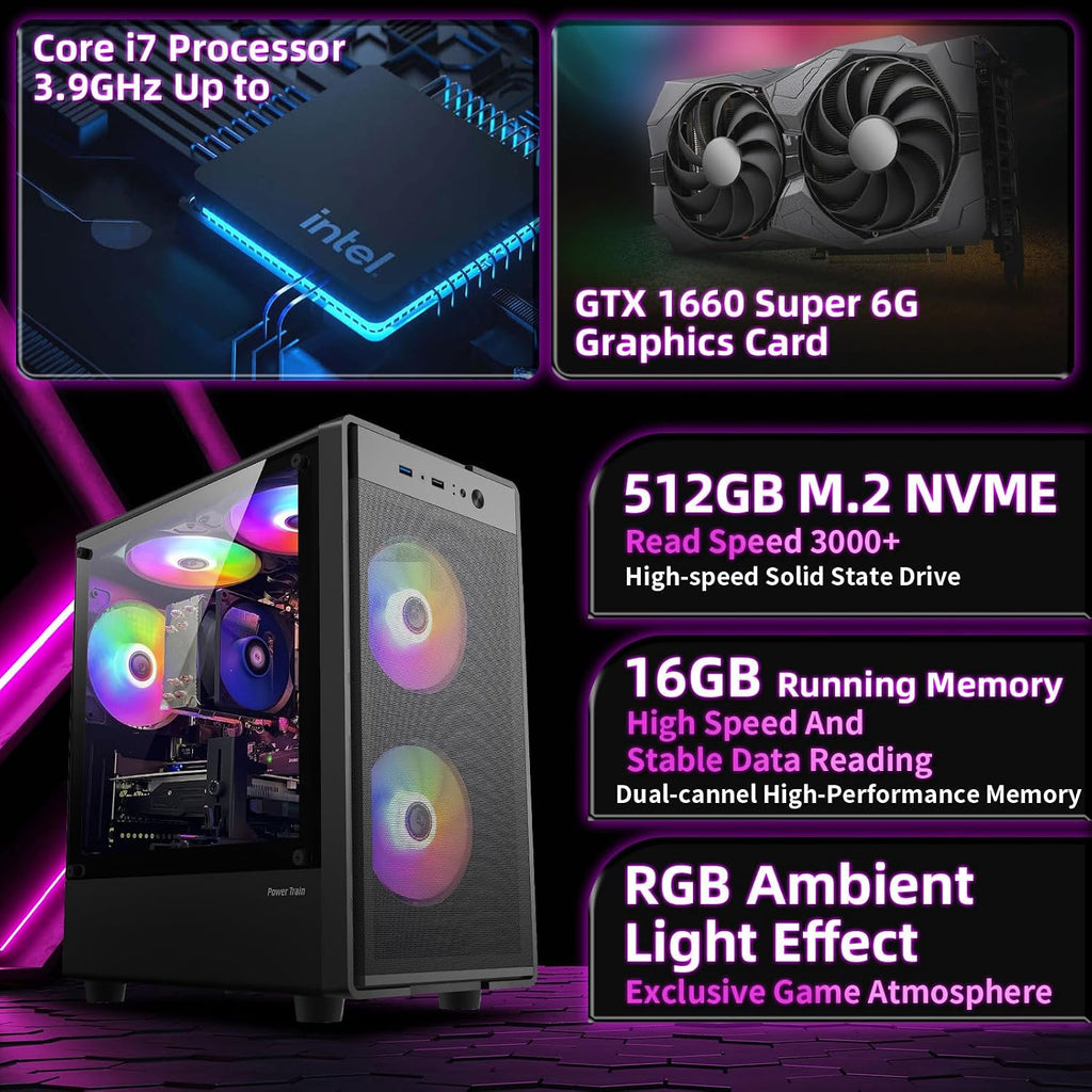 Prebuilt Gaming PC Desktop Computer,Intel Core i7 Desktop,Operating at A Frequency of 3.4-3.9 GHz,GTX1660 Super Graphics Card with 6GB GDDR6 Video Memory,16GB RAM, 512GB SSD,WiFi 5.0,RGB Fan x5