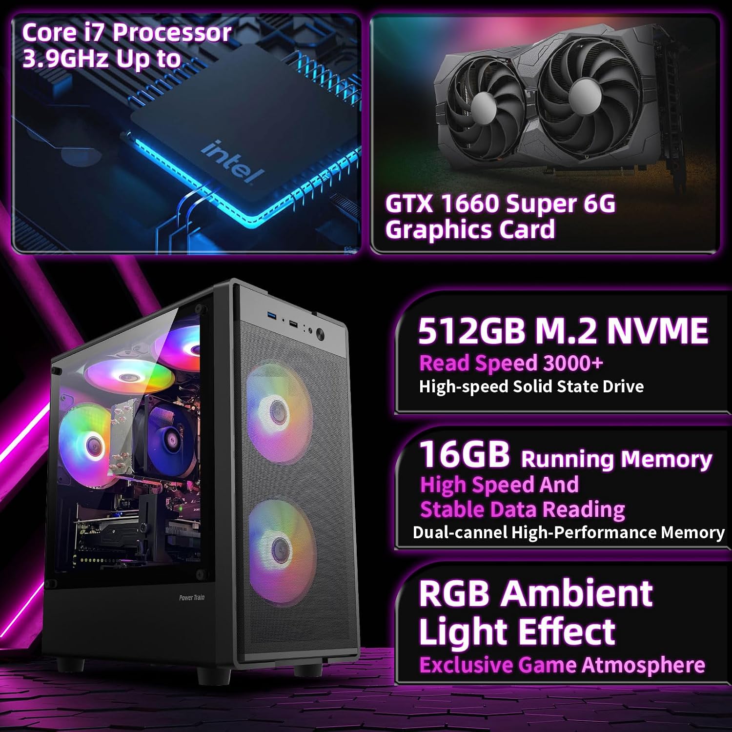 Prebuilt Gaming PC Desktop Computer,Intel Core i7 Desktop,Operating at A Frequency of 3.4-3.9 GHz,GTX1660 Super Graphics Card with 6GB GDDR6 Video Memory,16GB RAM, 512GB SSD,WiFi 5.0,RGB Fan x5