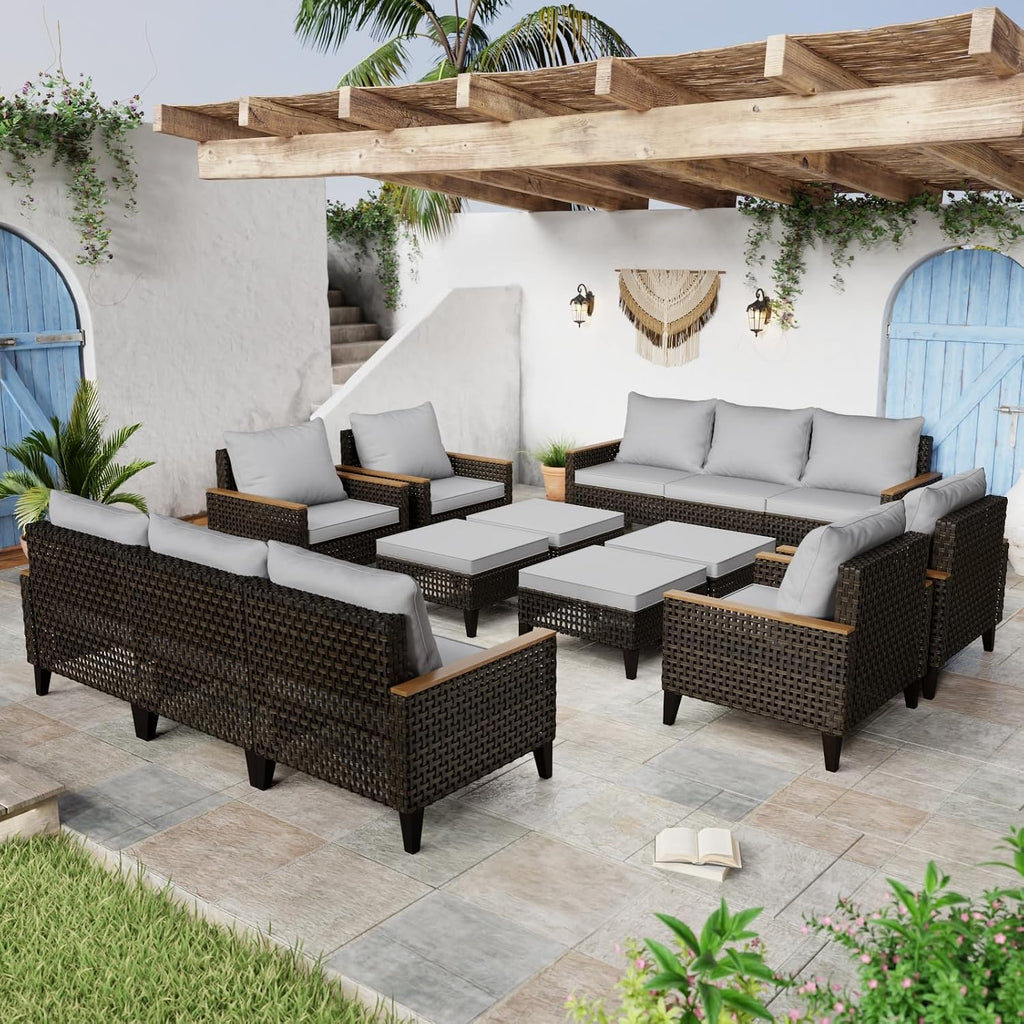 14 Piece Patio Furniture Set, All-Weather Wicker Rattan Outdoor Sectional Sofa Set with High Back and Thick Cushions, Large Conversation Set for Garden, Porch, Poolside, Grey