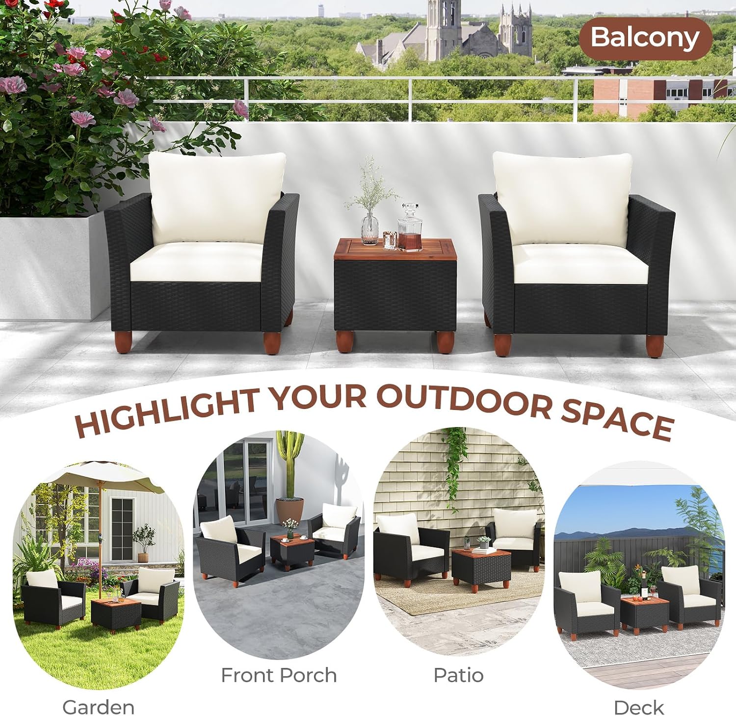 ORALNER 3 Pieces Patio Furniture Set, Outdoor Wicker Conversation Chairs with Cushion, Acacia Coffee Table, Rattan Bistro Set for Balcony Garden Backyard Front Porch Poolside (Off White)