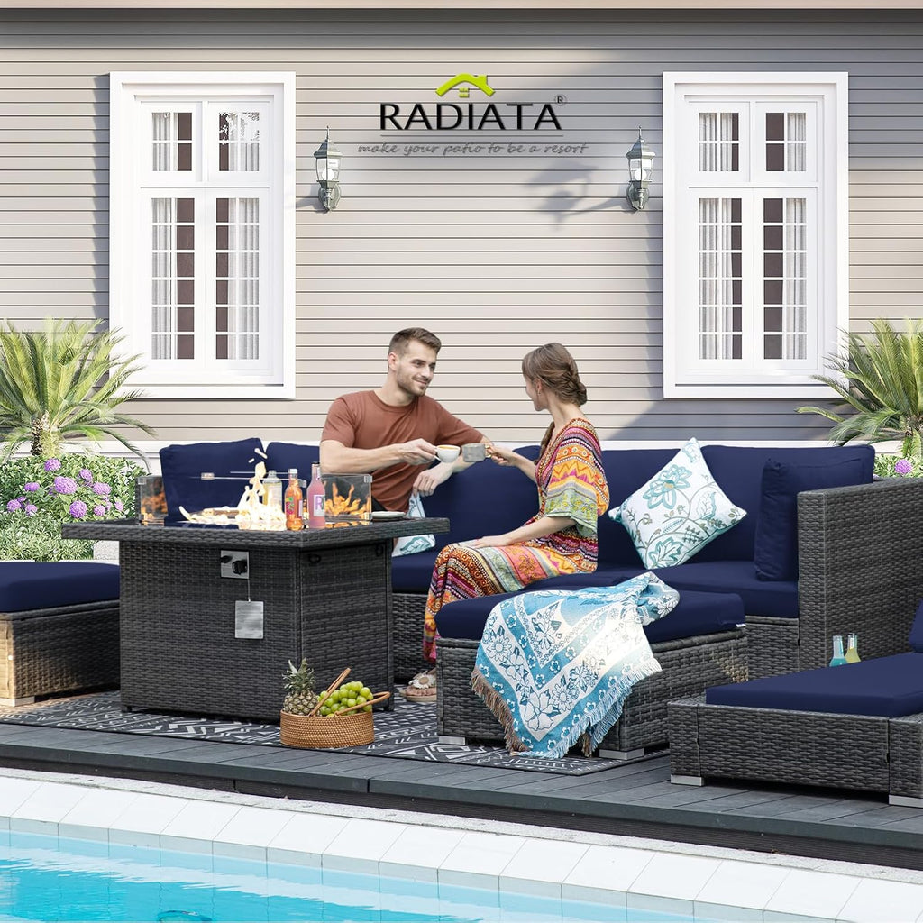 RADIATA 7 Piece Wicker Patio Furniture Set with Fire Pit, All-Weather Outdoor Sectional Couch High Back Large Size, Modular Backyard Seating Sofa Set with Propane/Natural Gas Firepit Table, Grey&Blue