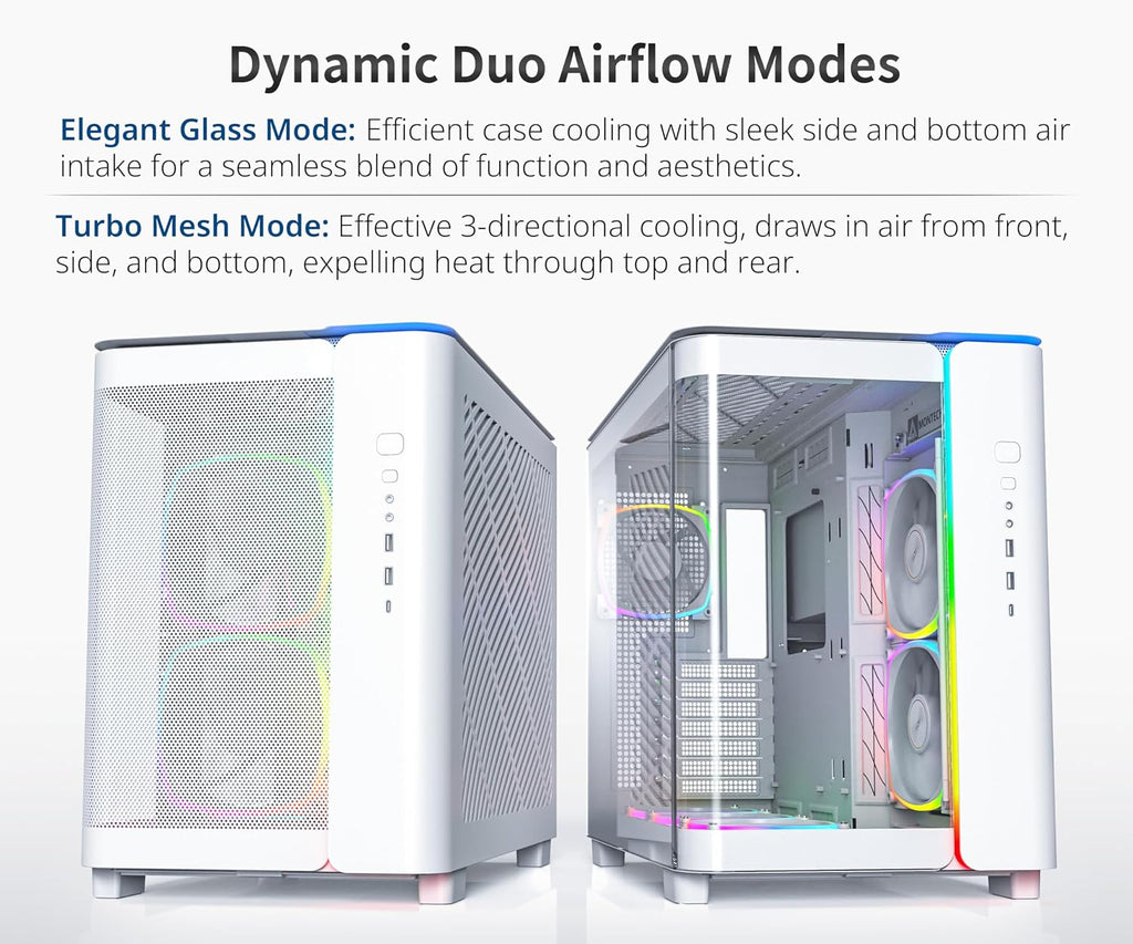 MONTECH King 95 PRO Dual-Chamber ATX Mid-Tower PC Gaming Case, High-Airflow, Toolless Panels, Sturdy Curved Tempered Glass Front, 6 ARGB PWM Fan Pre-Installed with Fan Hub, White