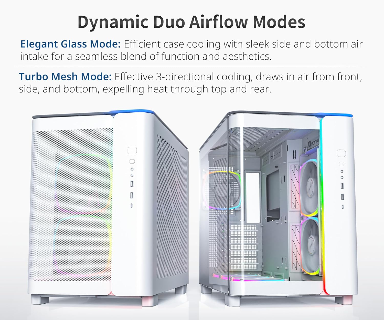 MONTECH King 95 PRO Dual-Chamber ATX Mid-Tower PC Gaming Case, High-Airflow, Toolless Panels, Sturdy Curved Tempered Glass Front, 6 ARGB PWM Fan Pre-Installed with Fan Hub, White