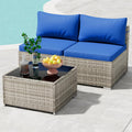 Tradare 3 Piece Patio Furniture Set, Outdoor Wicker Patio Sofa Set, PE Rattan Sectional Couch with Glass Table and Blue Cushions, All-Weather 3 Piece Outdoor Patio Furniture Sets, Grey