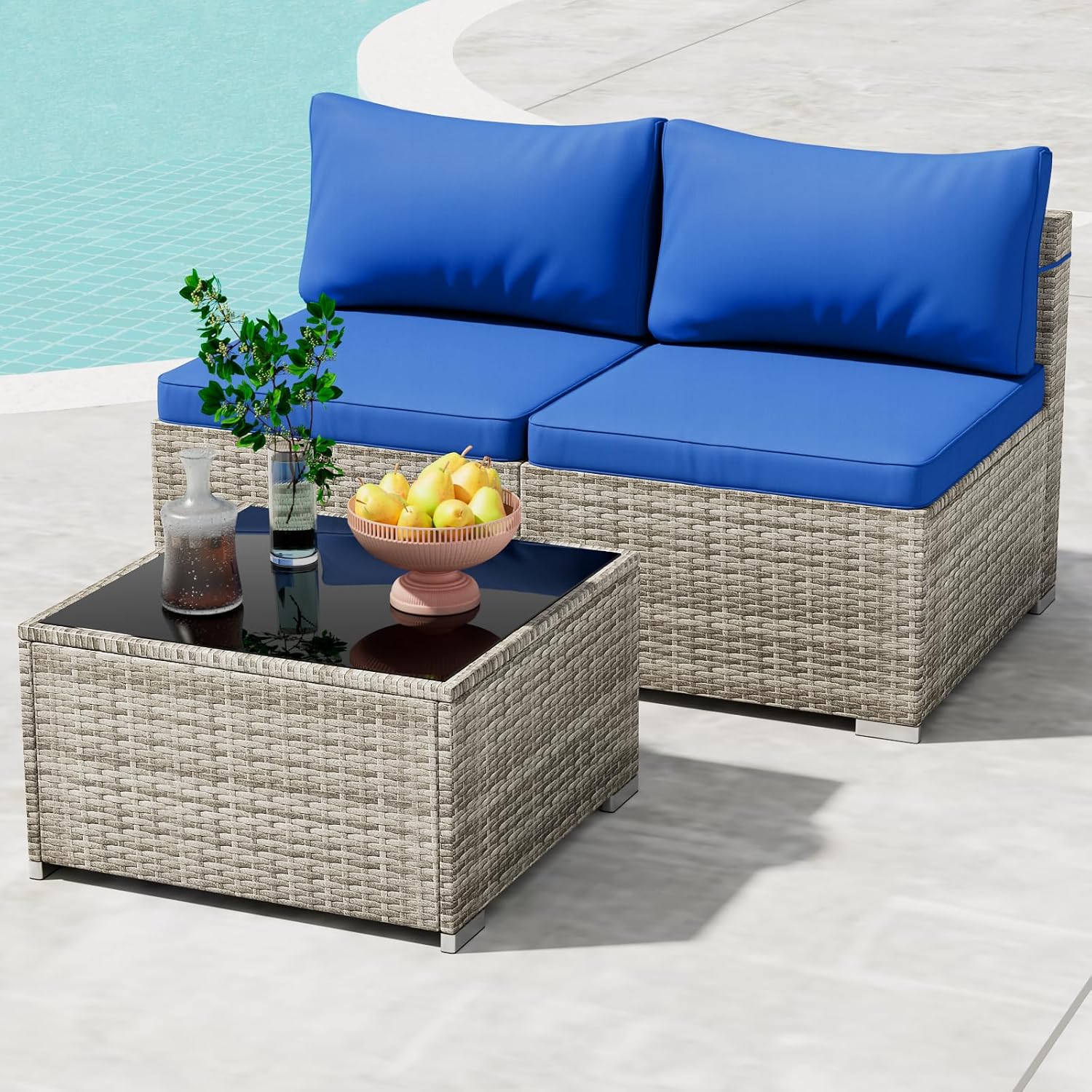 Tradare 3 Piece Patio Furniture Set, Outdoor Wicker Patio Sofa Set, PE Rattan Sectional Couch with Glass Table and Blue Cushions, All-Weather 3 Piece Outdoor Patio Furniture Sets, Grey