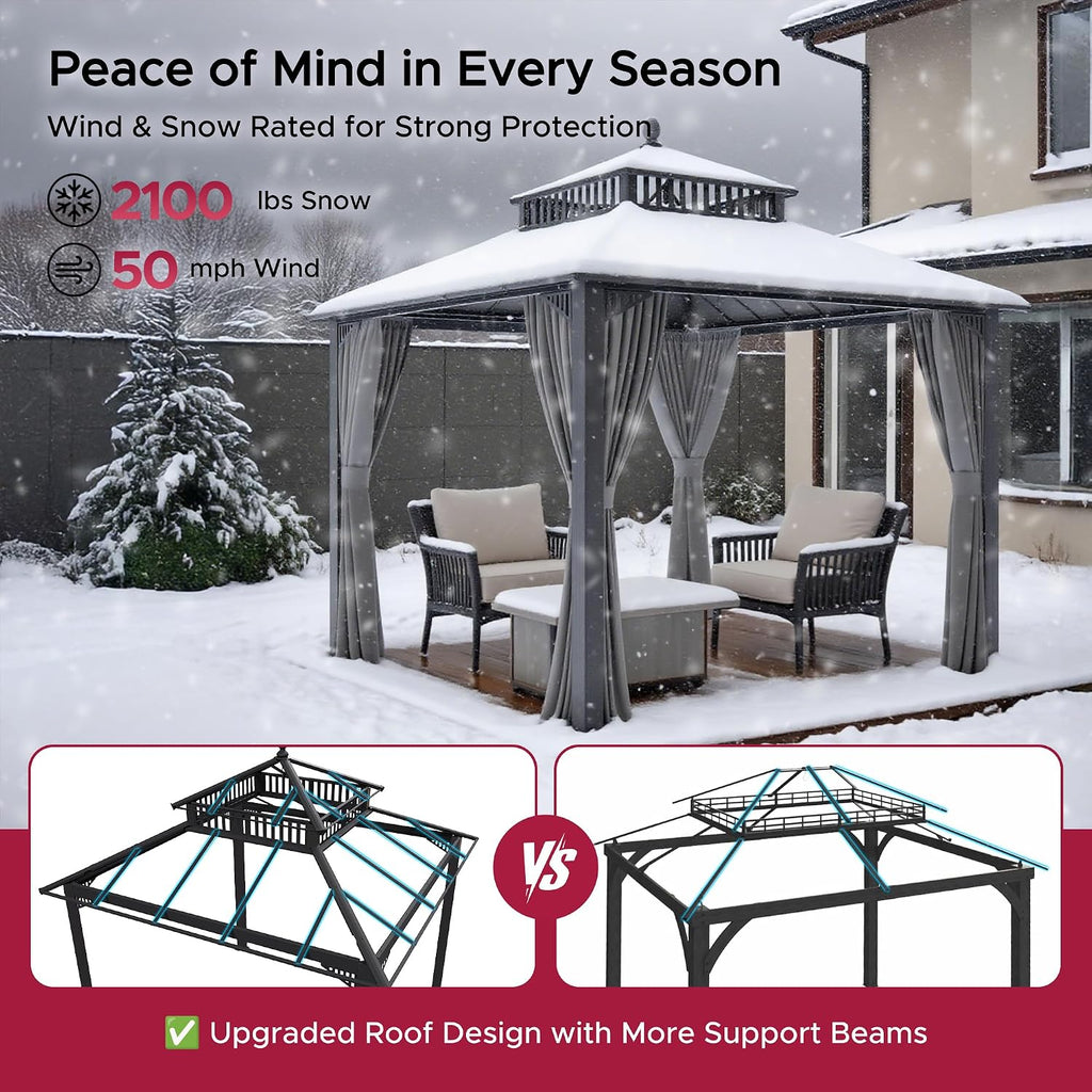 SUNJOY Kingston 10' x 10' Hardtop Gazebo with Galvanized Steel/Polycarbonate Double Roof, Curtain and Netting, Gray Aluminum Posts Permanent Pavilion Gazebo for Garden, Patio, Deck, Lawn