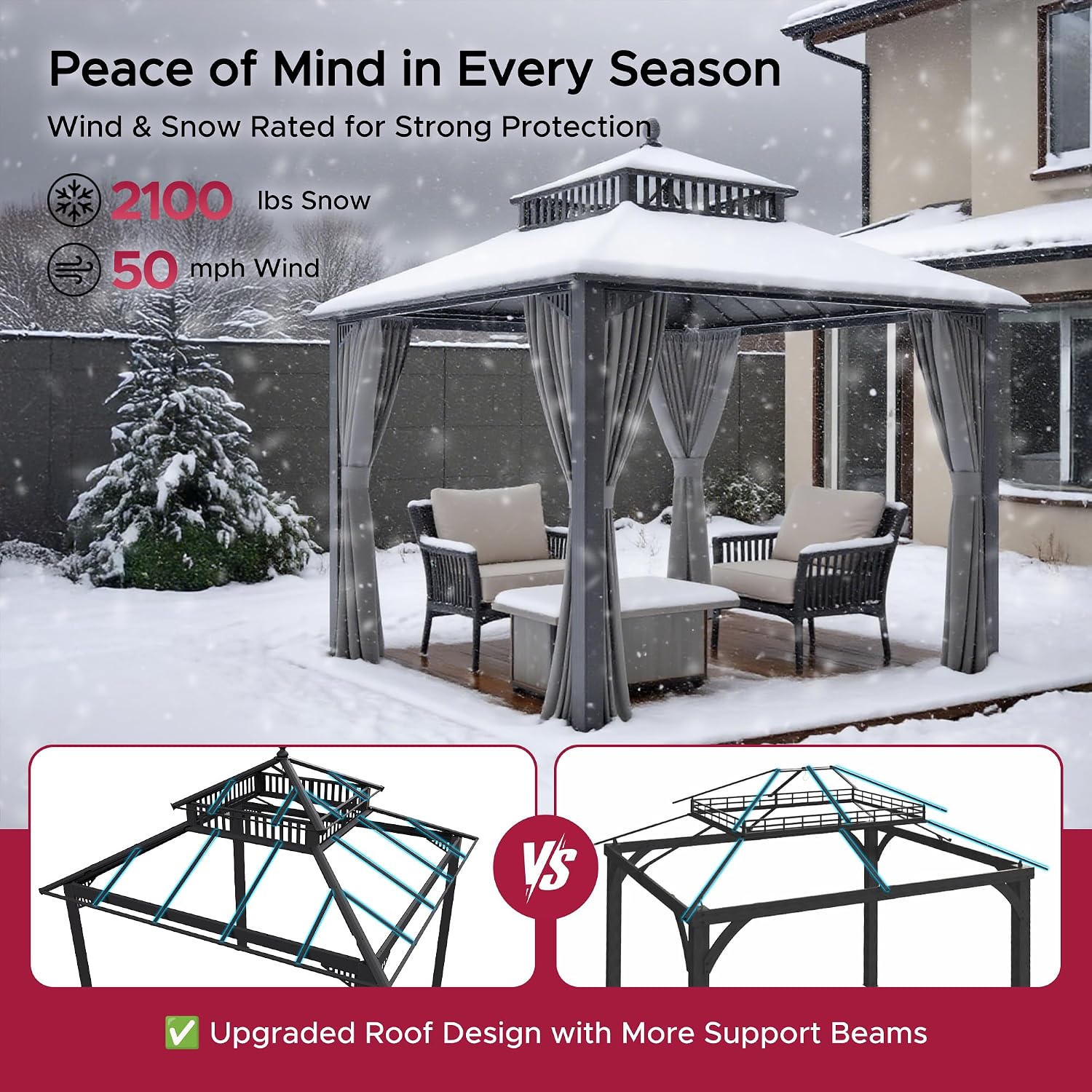 SUNJOY Kingston 10' x 10' Hardtop Gazebo with Galvanized Steel/Polycarbonate Double Roof, Curtain and Netting, Gray Aluminum Posts Permanent Pavilion Gazebo for Garden, Patio, Deck, Lawn