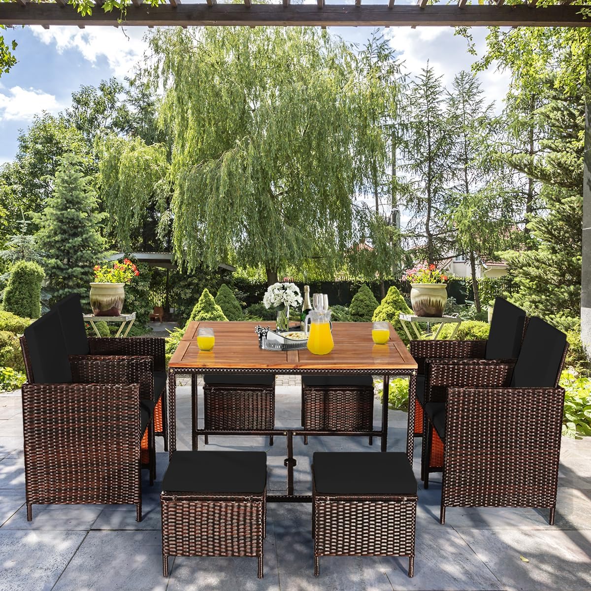 Tangkula 9 Pieces Acacia Wood Patio Dining Set, Space Saving Wicker Chairs and Wood Table with Umbrella Hole Outdoor Furniture Set, Suitable for Garden, Yard, Poolside, Outdoor Seating Set (Black)