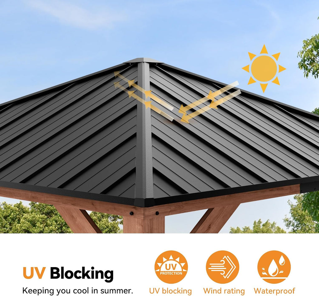 Modern Shade Tranquil Grove Wood Gazebo 10' x 10', Permanent Hardtop Gazebo with Galvanized Steel Roof, Mosquito Netting and Curtains, Cedar Outdoor Gazebo with Sturdy Hooks for Backyard