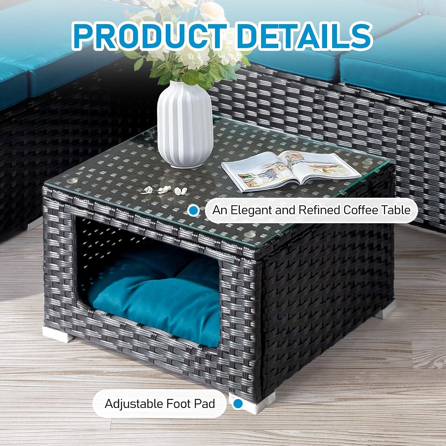 Outvita 4 Piece Outdoor Patio Furniture Set, PE Rattan Conversation Sofa Set, Wicker All-Weather Outside Furniture w/Glass Top Coffee Table with Pet Ped & Hidden Storage for Garden, Balcony (Black)
