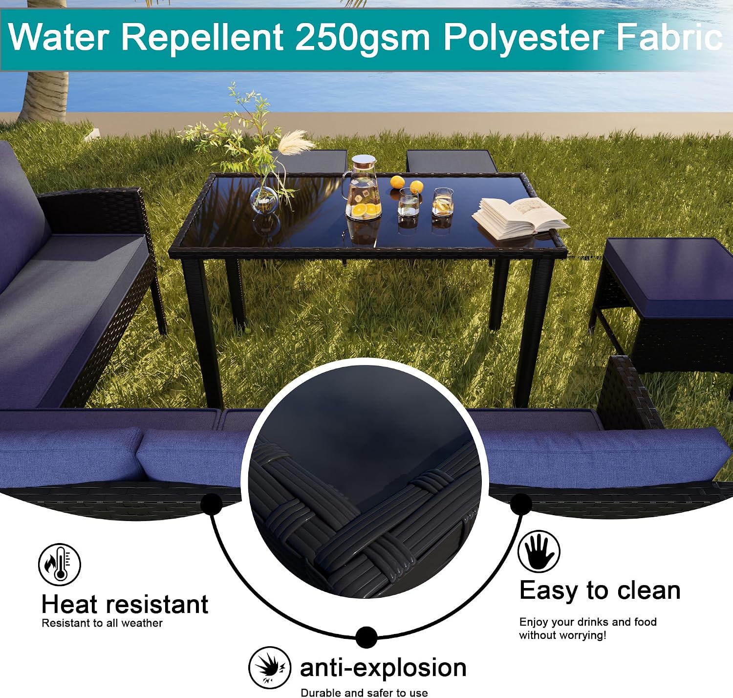 7-Piece Patio Furniture Set, Outdoor Couch with Dining Table & Ottomans, PE Rattan Sofa Set with Cushions for Deck, Yard, Poolside (Blue)