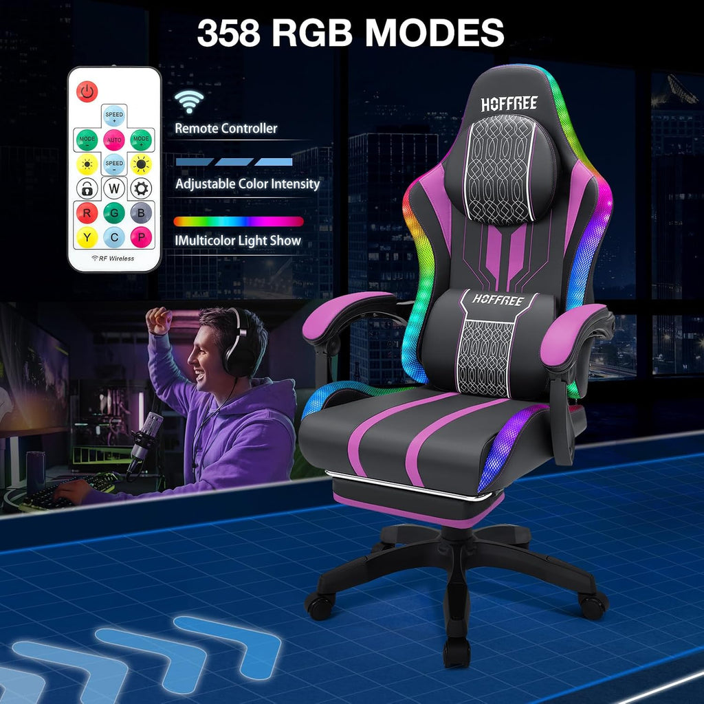 HOFFREE Led Gaming Chair Massage with Speakers Big and Tall Video Game Chair with Footrest for 400lbs Reclining High Back Computer Desk Chair Purple and Black