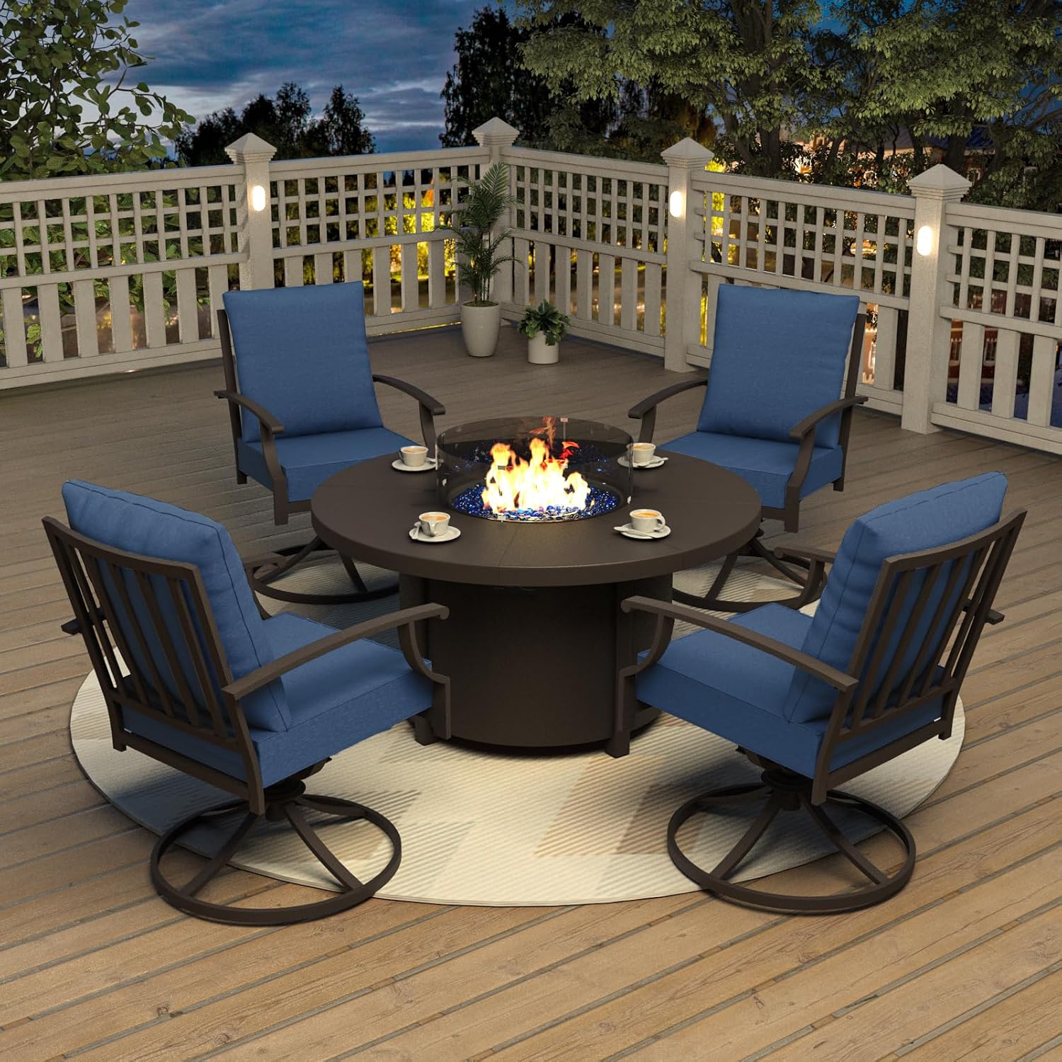 Kurapika 5 Piece Metal Moden Outdoor Patio Furniture Set with Round Fire Pit Table, Patio Conversation Sets 4 Swivel Chairs with Thick Cushion and 40000 BTU Fire Pit Table, for Yard Deck, Navy Blue