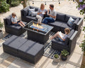 RADIATA 9 Piece Wicker Patio Furniture Set with Fire Pit, All-Weather Outdoor Sectional Couch High Back Large Size, Modular Backyard Seating Sofa Set with Propane/Natural Gas Firepit Table, Dark Grey