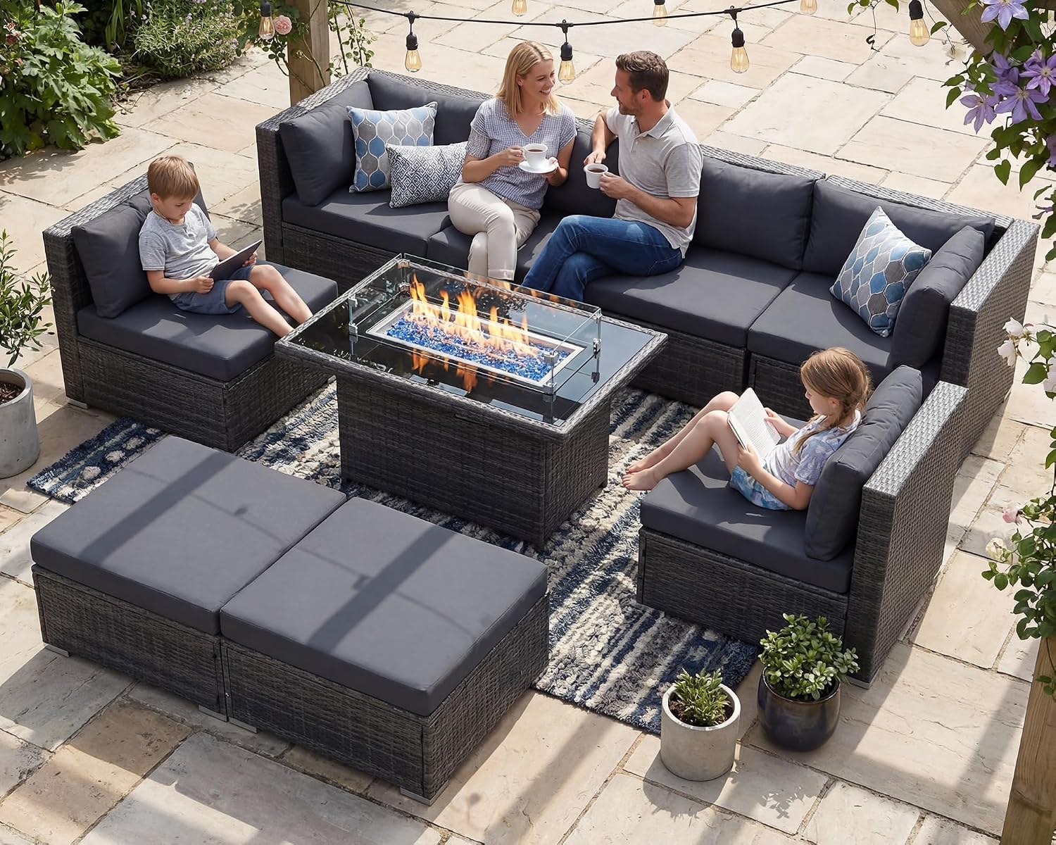 RADIATA 9 Piece Wicker Patio Furniture Set with Fire Pit, All-Weather Outdoor Sectional Couch High Back Large Size, Modular Backyard Seating Sofa Set with Propane/Natural Gas Firepit Table, Dark Grey