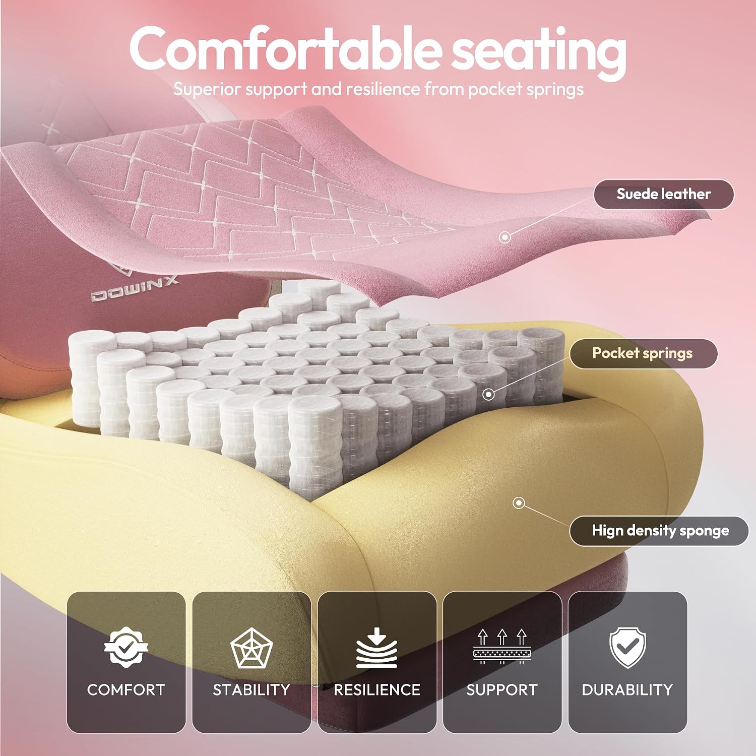 Dowinx Gaming Chair with Heated Massage Lumbar Support,Big and Tall Fabric Gaming Chairs for Adults with Footrest, Ergonomic Computer Game Chair with Poket Spring Cushions, 350lbs, Pink