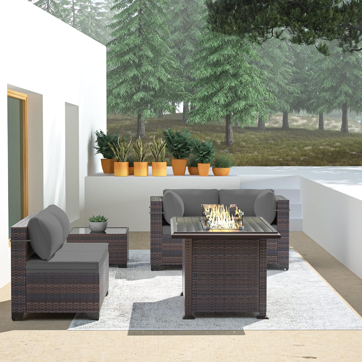 Outdoor Patio Furniture Set with Fire Pit Table, 6 Pieces Outdoor Furniture Patio Sectional Sofa PE Rattan Conversation Sets w/43 Propane Gas Firepit & Coffee Table for Outside - Grey.