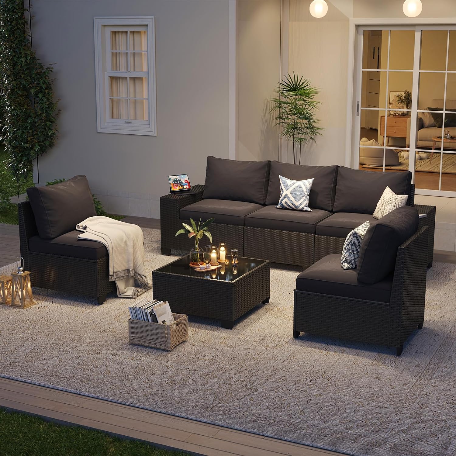 Aoxun Patio Furniture Set, 6 Pcs Outdoor Patio Furniture Sets with 4in Thicken Cushion, Widen Armrests Wicker Outdoor Sectional for Backyard & Garden, Black