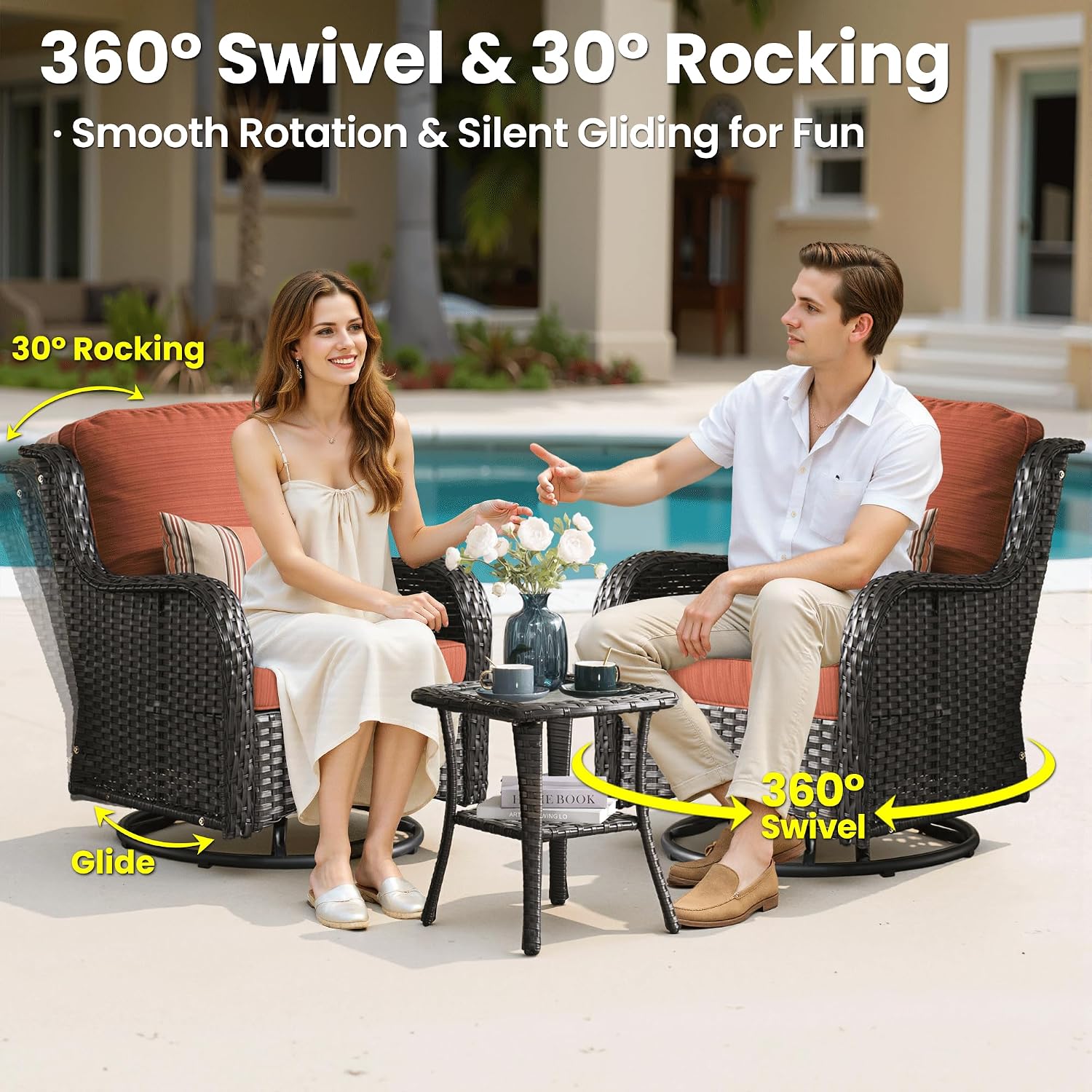 ovios 6-Pieces Patio Furniture Set, Outdoor Wicker Sofa Couch with Swivel Glider Chairs Comfy Cushions, High Back Modern Conversation Set, Brown Rattan, Orange Red