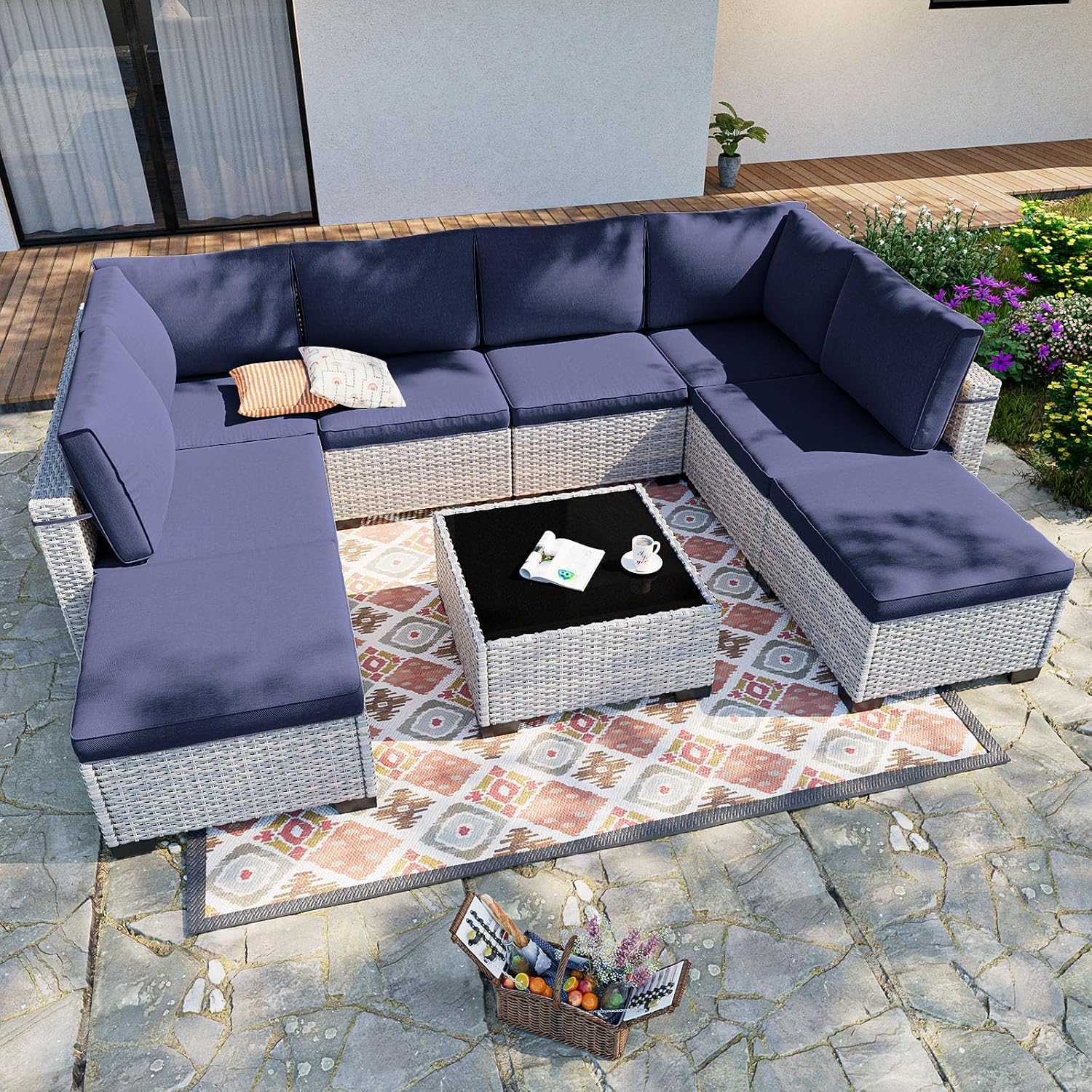 9-Piece Patio Furniture Set, Outdoor Sectional with Ottomans, Modular Patio Sofa, Dual-Strand Wicker Rattan, Rust-Resistant Frame, Backyard Furniture for Garden, Deck, Navy Blue