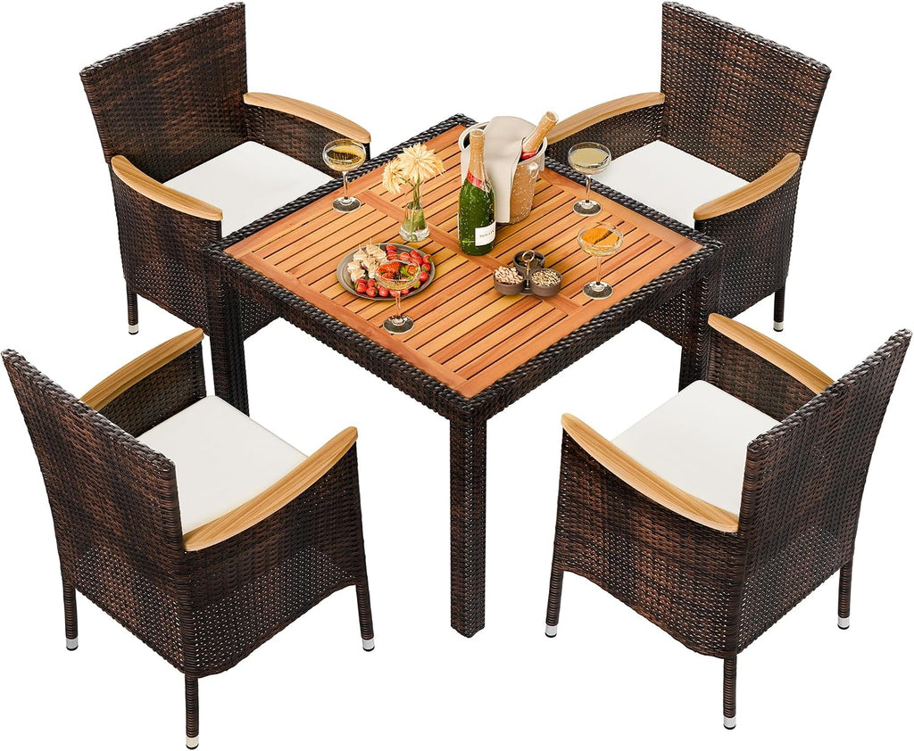 Shintenchi 5 PCS Patio Dining Set, Wicker Outdoor Table and Chairs with Soft Cushions, Patio Furniture Set with Wood Table Top for Backyard, Deck and Garden, Brown Rattan
