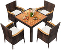 Shintenchi 5 PCS Patio Dining Set, Wicker Outdoor Table and Chairs with Soft Cushions, Patio Furniture Set with Wood Table Top for Backyard, Deck and Garden, Brown Rattan