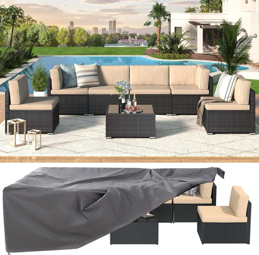 U-MAX 7 Piece Outdoor Patio Furniture Set, PE Rattan Patio Wicker Sectional Furniture Chair Set with Cushions and Tea Table, (Black Rattan&Beige Cushion with Cover)