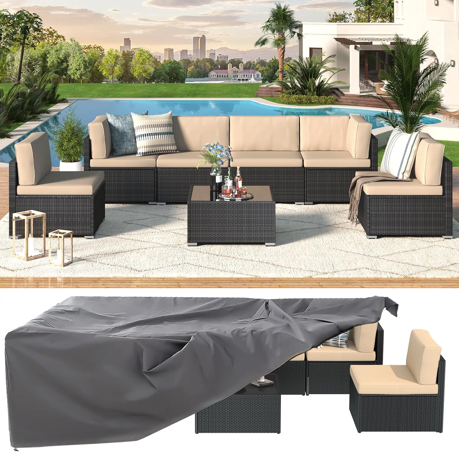 U-MAX 7 Piece Outdoor Patio Furniture Set, PE Rattan Patio Wicker Sectional Furniture Chair Set with Cushions and Tea Table, (Black Rattan&Beige Cushion with Cover)