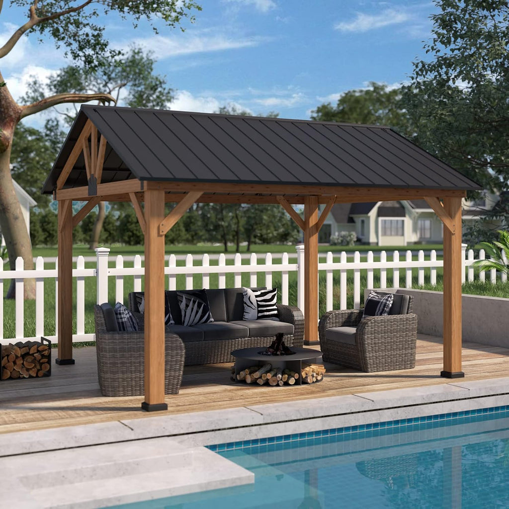 EAGLE PEAK 11x13 Hardtop Gazebo, Exposed Beam A-Frame Gazebo, Galvanized Steel Gable Roof with Cedar Wood Frame, Outdoor Pavilion for Patio, Deck, Lawn and Garden, Natural Wood/Black